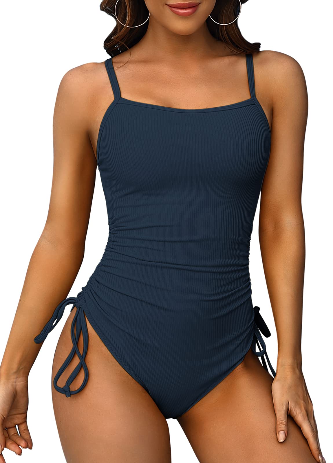 2025 Women's Ribbed One Piece Swimsuit - Tummy Control Tie Side High Cut Bathing Suit with Ruched Design | Perfect for Beach Vacations, Pool Parties & Summer Getaways