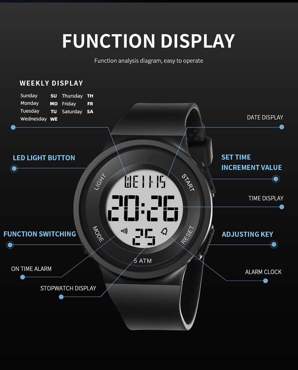 Women's LED Digital Sports Watch - Waterproof 5Bar, Alarm Clock, Silicone Strap for Outdoor Running, Gym & Daily Wear | Fashionable & Functional Timepiece