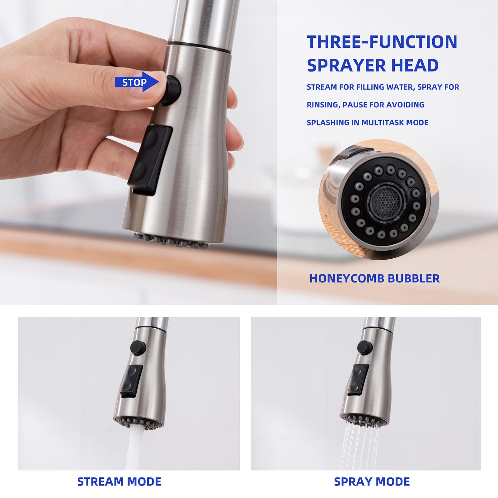 Stainless Steel Single Handle Kitchen Faucet with Pull Down Sprayer & Soap Dispenser - 1 or 3 Hole Modern Design for Farmhouse, RV & Bar Sinks (Brushed Nickel) - Perfect for Cooking, Washing Dishes & Food Prep