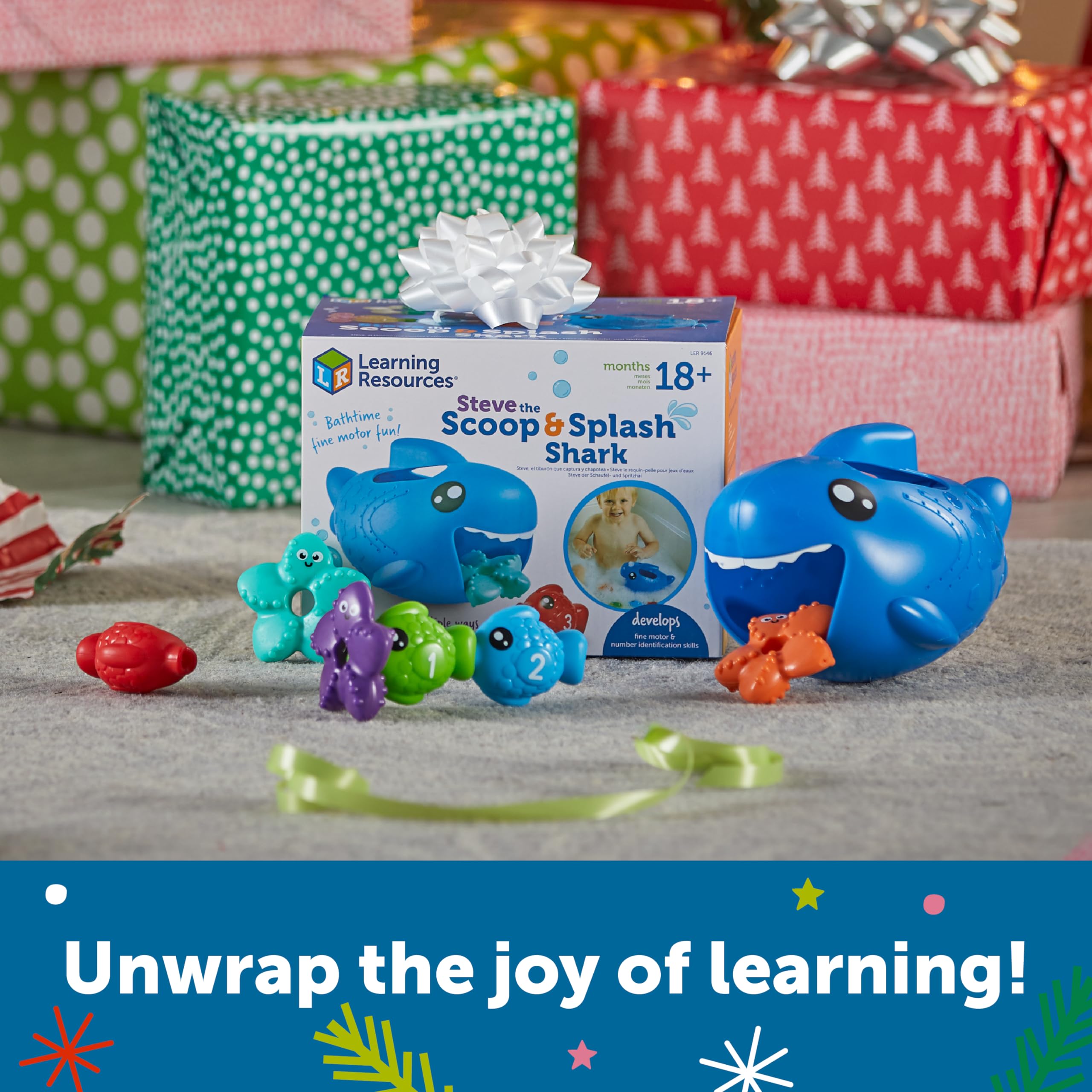 Learning Resources Steve The Scoop & Splash Shark - 7 Piece Toddler Bath & Pool Water Toy Set for Babies 18+ Months - Fun Educational Bathtub & Swimming Pool Toys for Kids - Perfect Stocking Stuffer Gift for Toddlers