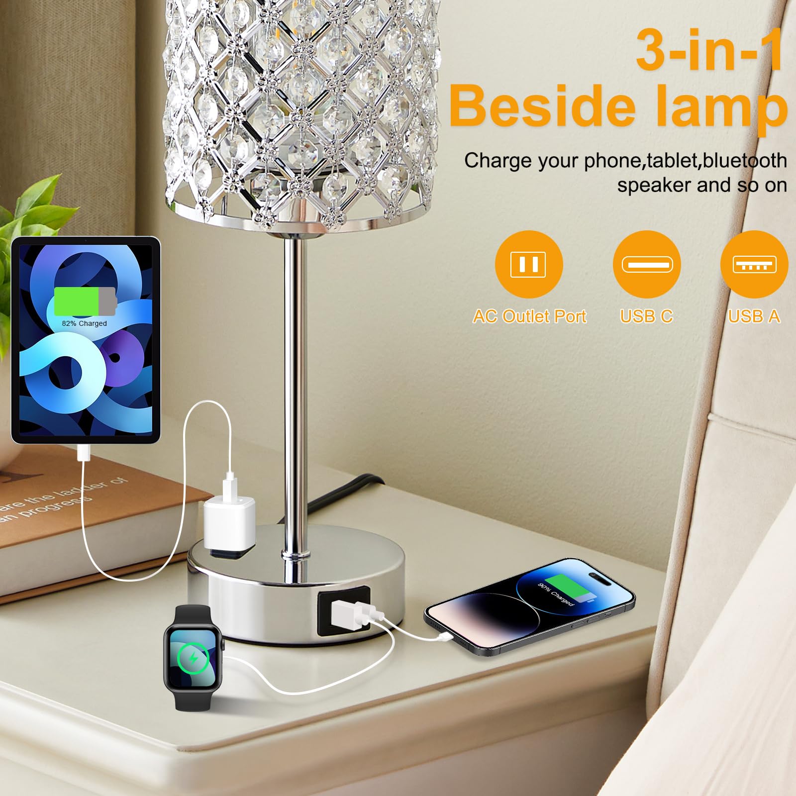2-Pack Crystal Table Lamps with USB-C & AC Outlet - Silver Nightstand Touch Lamps, 3-Way Dimmable LED Bedside Lamps for Bedroom & Living Room - Perfect for Reading, Working & Creating Cozy Ambiance (Bulbs Included)