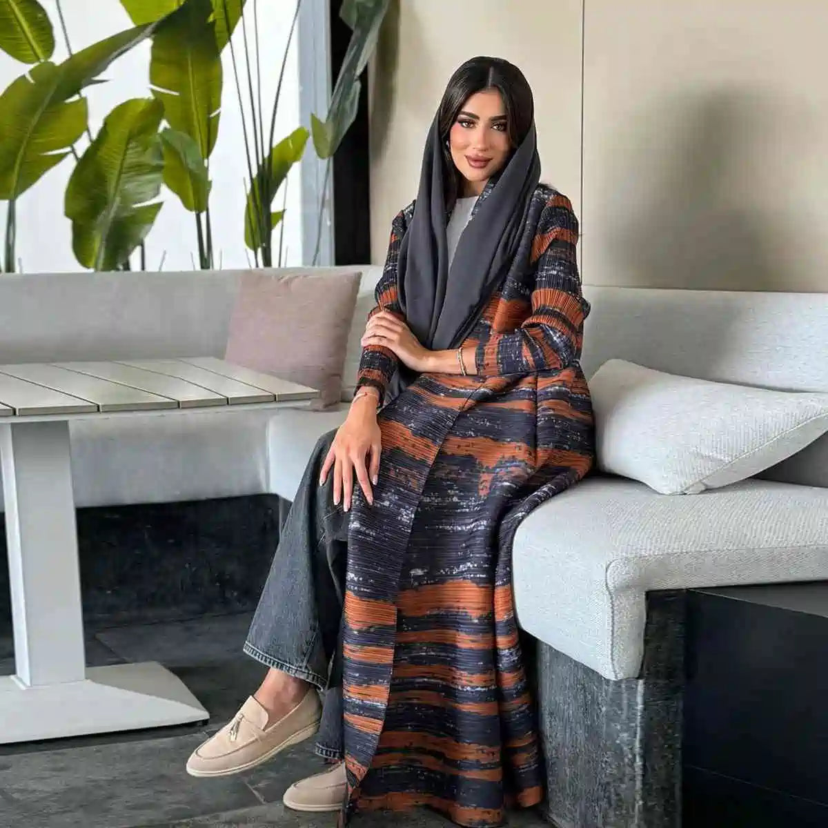Elegant Pleated Sleeve Printed Cardigan Open Abaya Dress #25175 - Modest Fashion for Women, Perfect for Prayer, Special Occasions & Everyday Wear
