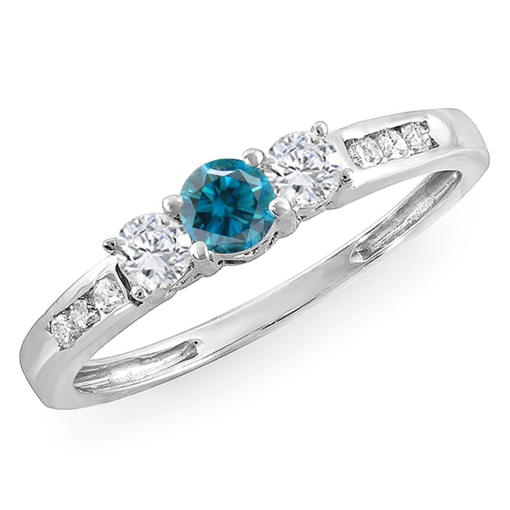 Dazzlingrock Collection 0.35 Carat 10K White Gold Round Blue & White Diamond Three Stone Engagement Ring for Women - Perfect for Bridal, Wedding, and Anniversary Gifts