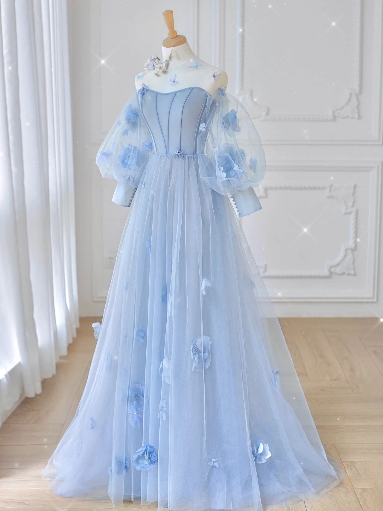 Elegant Blue Sweetheart Tulle 3D Flower Long Prom Dress - Formal Evening Gown for Homecoming, Ball, Wedding & Special Occasions