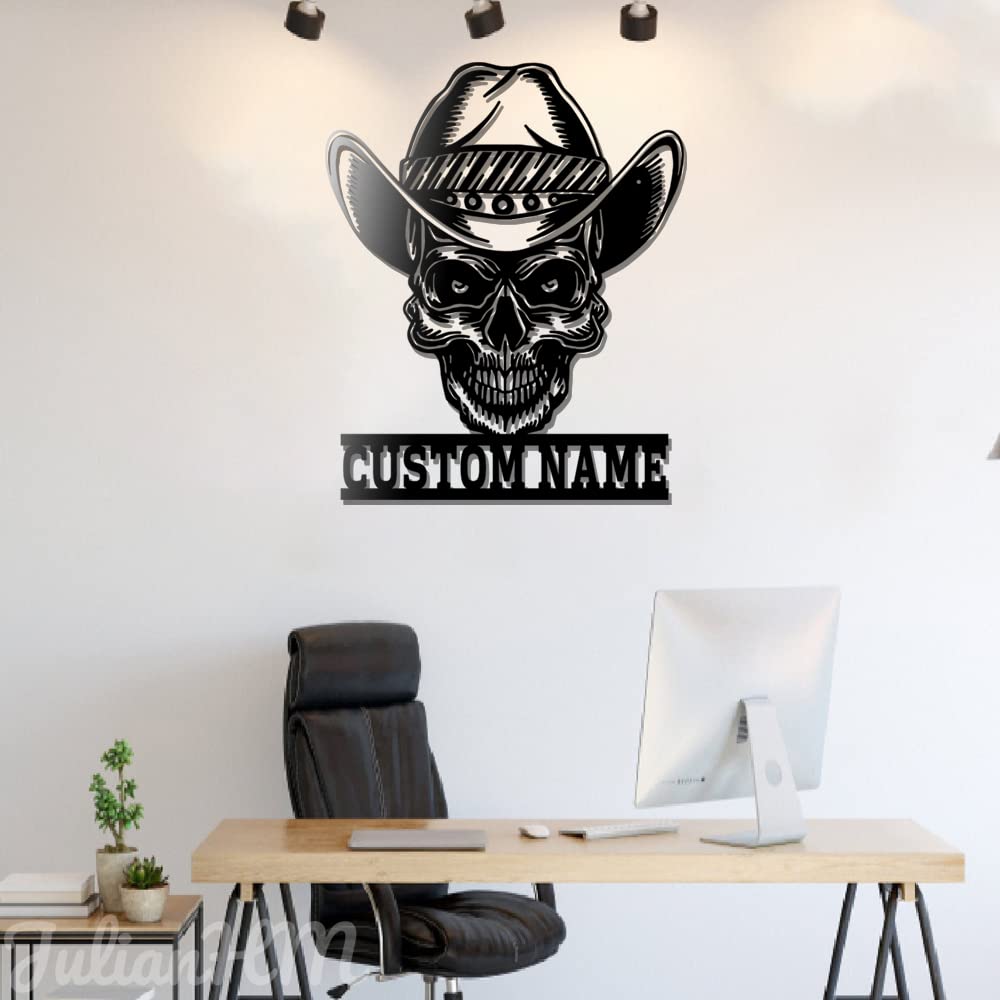Custom Cowboy Skull LED Metal Wall Art - Personalized Name Sign for Home Decor, Western Theme Gift for Men, Father's Day Present (16x16 Inches, No Lights) - Perfect for Man Cave, Bar, Ranch, or Western-Themed Room Decoration