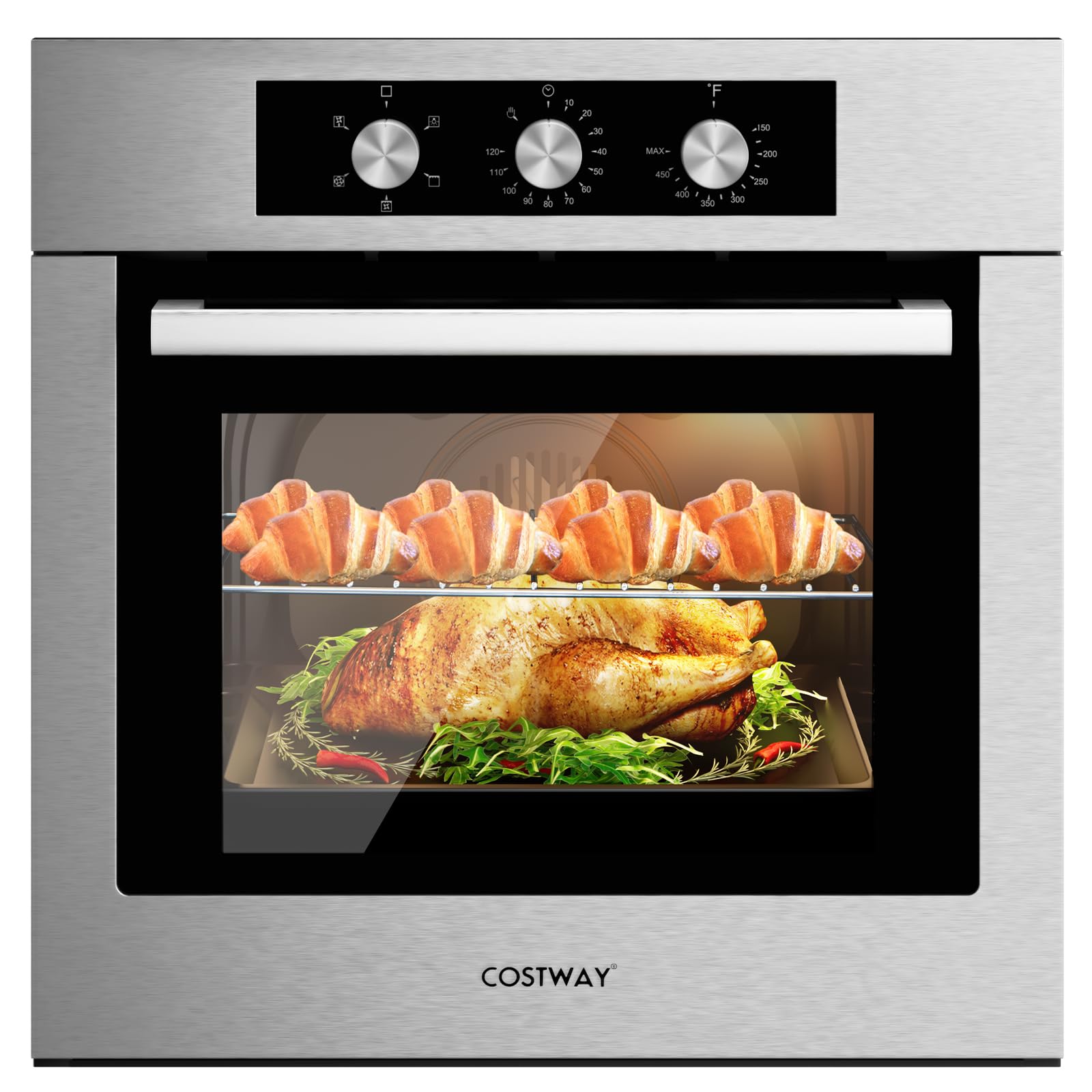 COSTWAY 24 Inch Built-In Electric Wall Oven - 2300W Stainless Steel Single Oven with 2.47 Cu.Ft Capacity, 5 Cooking Modes & 360° Hot Air Circulation - Perfect for Baking, Roasting, and Family Cooking in Modern Kitchens