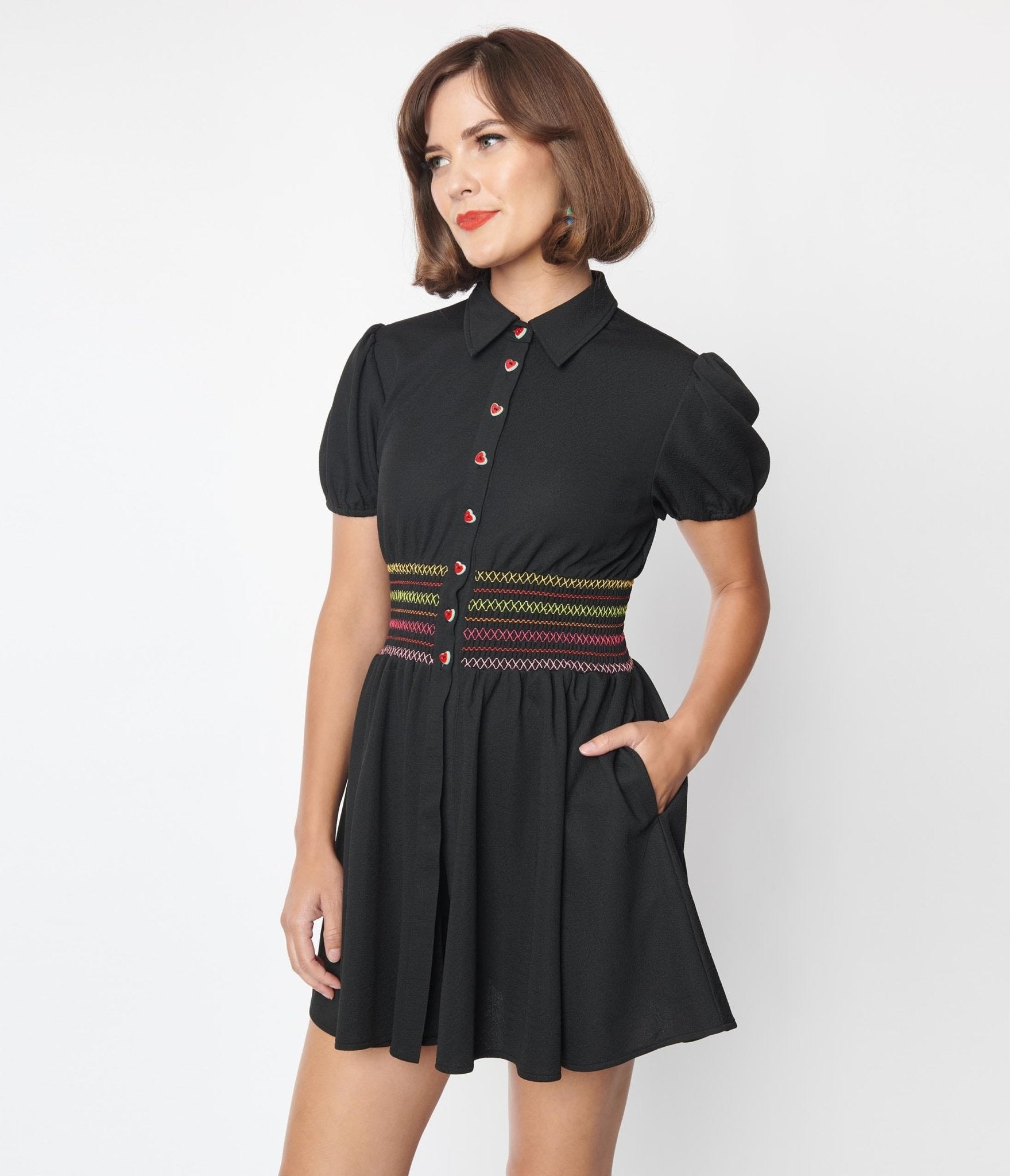 Smak Parlour Black & Rainbow Smocked Babydoll Blouse - Women's Vintage Style Top for Casual Wear & Date Nights | Perfect for Spring & Summer Outfits