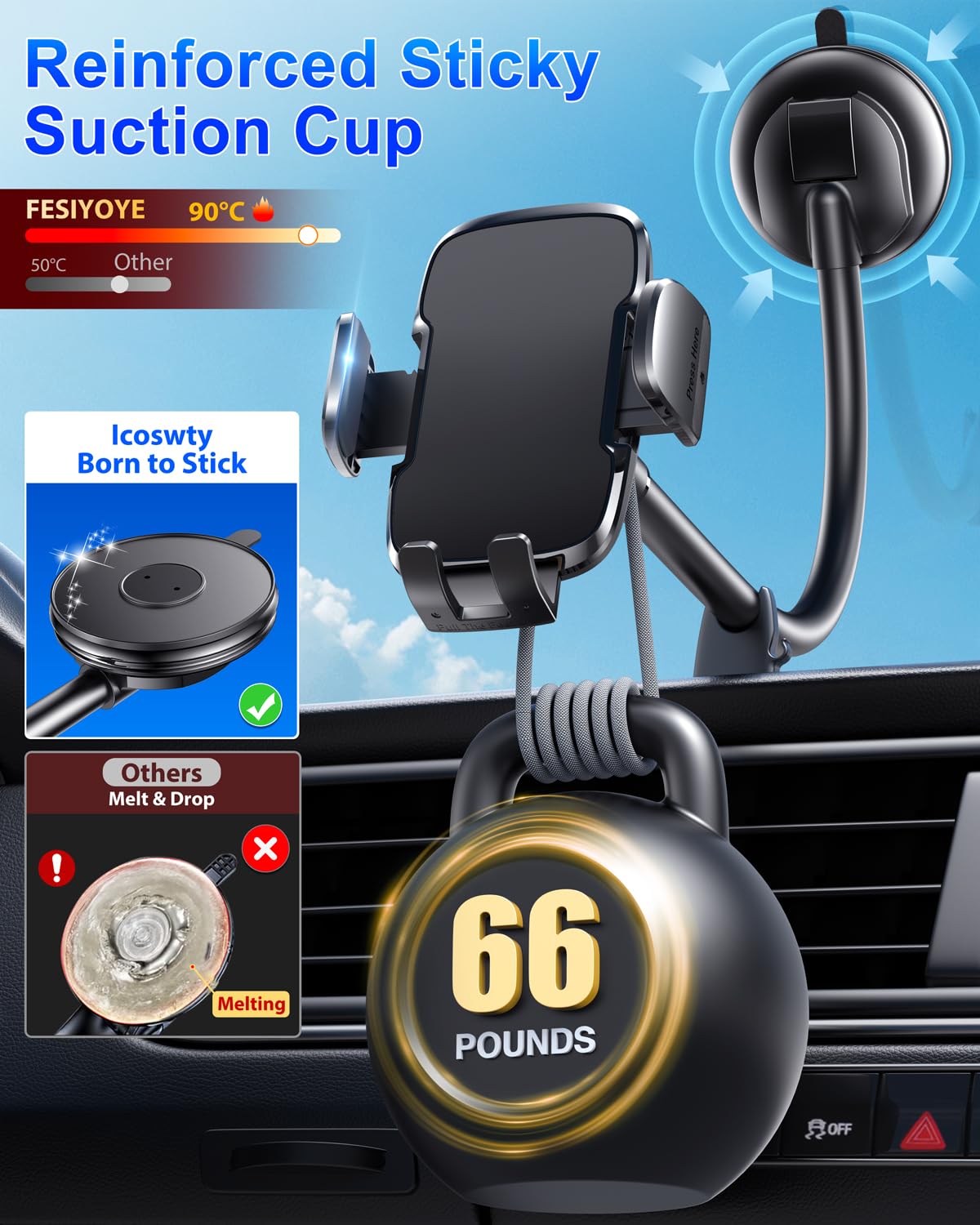 Premium Car Phone Holder - Flexible Long Arm & Anti-Shake Dashboard & Windshield Mount for iPhone & Android Smartphones | Perfect for GPS Navigation, Hands-Free Calls & Road Trips