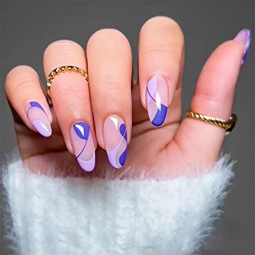 Yivaiks 24 PCS Nude Blue Stripes Press on Nails - Medium Length Acrylic Fake Nails for Women, Reusable Stick on Nails with Abstract Design for Nail Art & Decoration | Perfect for Parties, Weddings, Prom, Date Night & Special Occasions