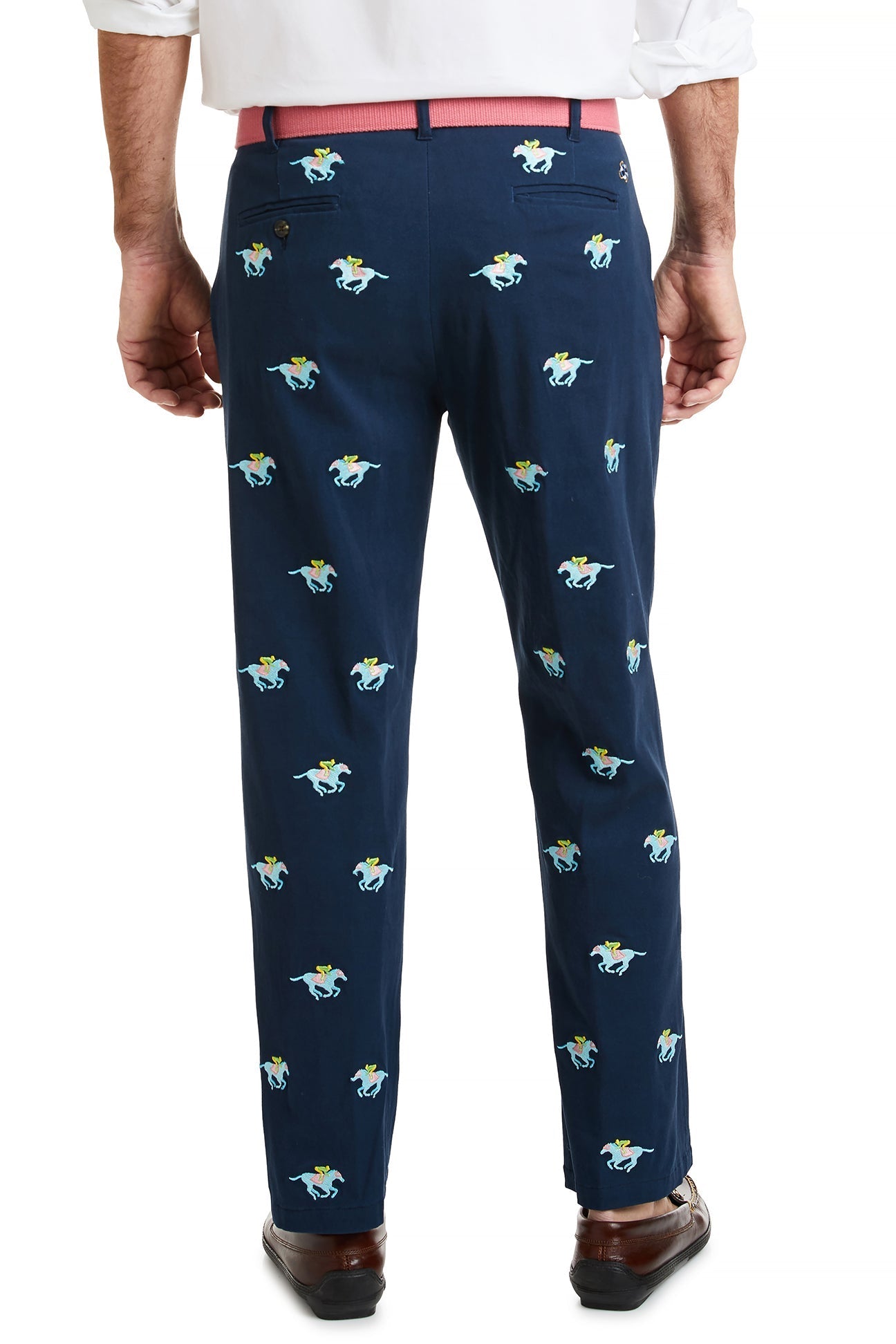 Stretch Twill Harbor Pant in Nantucket Navy with Pastel Racing Horses - Comfortable Casual Pants for Women, Perfect for Work, Travel & Everyday Wear