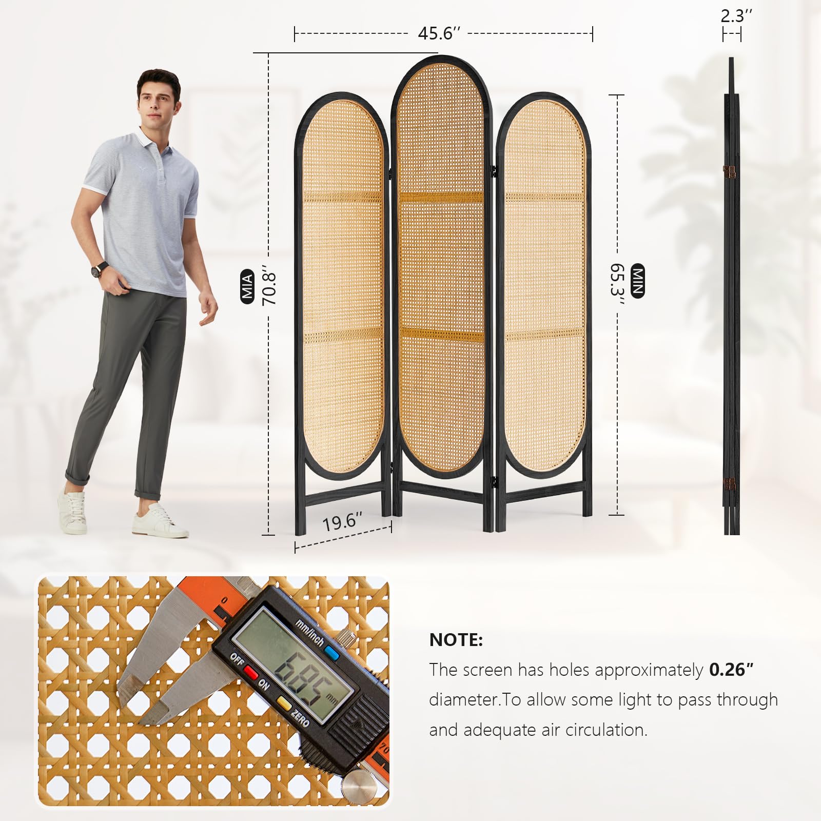 3-Panel Rattan Room Divider Screen - Foldable Privacy Partition with Unique Design | Freestanding Portable Room Separator for Home, Office & Events | Black