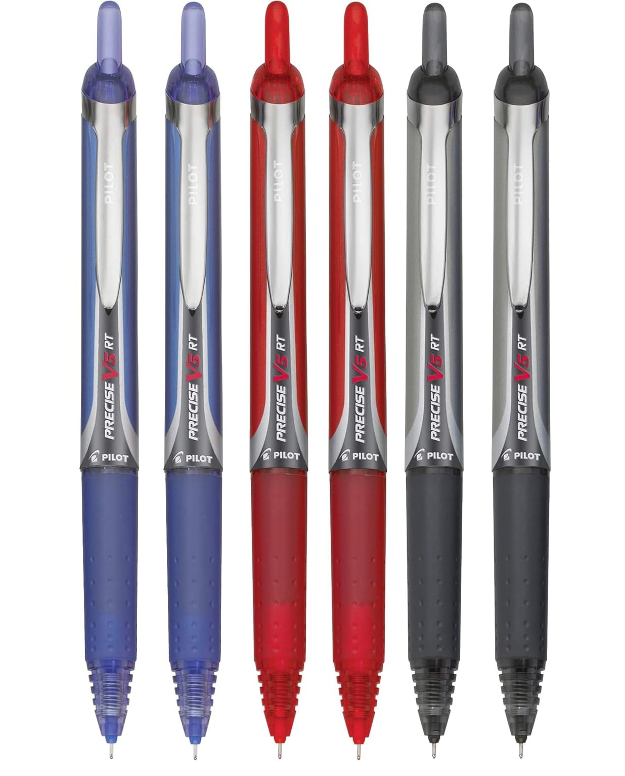 V5 RT Retractable Rolling Ball Pens - Extra Fine 0.5mm Tip - Black/Blue/Red Ink - 6-Pack with Comfort Grip & Reusable Pouch - Ideal for Office, School, Note Taking & Everyday Writing