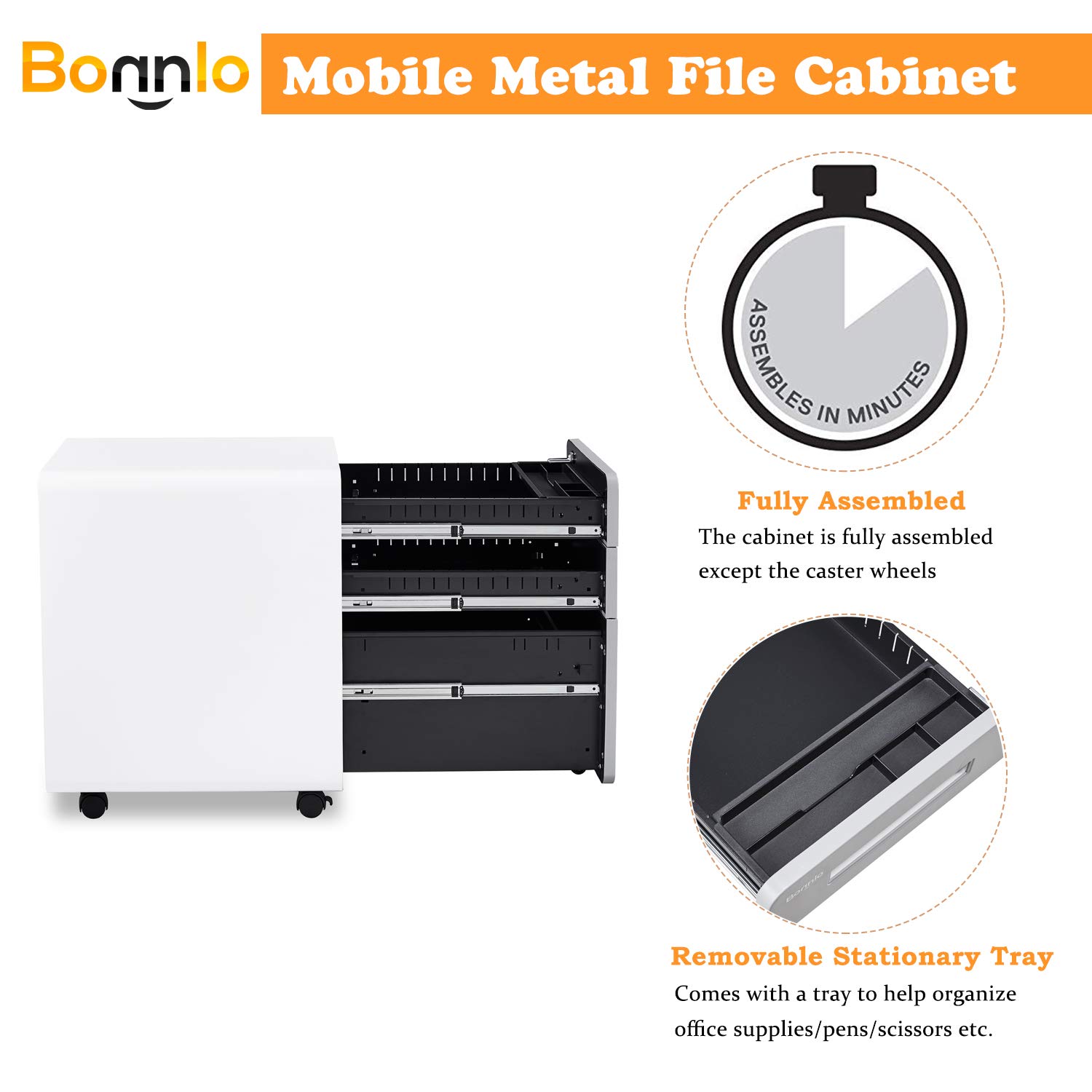 Bonnlo 3-Drawer Rolling File Cabinet with Lock - Gray & White Metal Mobile Under Desk Storage Organizer for Home Office, Fully Assembled Printer Stand with Pencil Tray (23.8