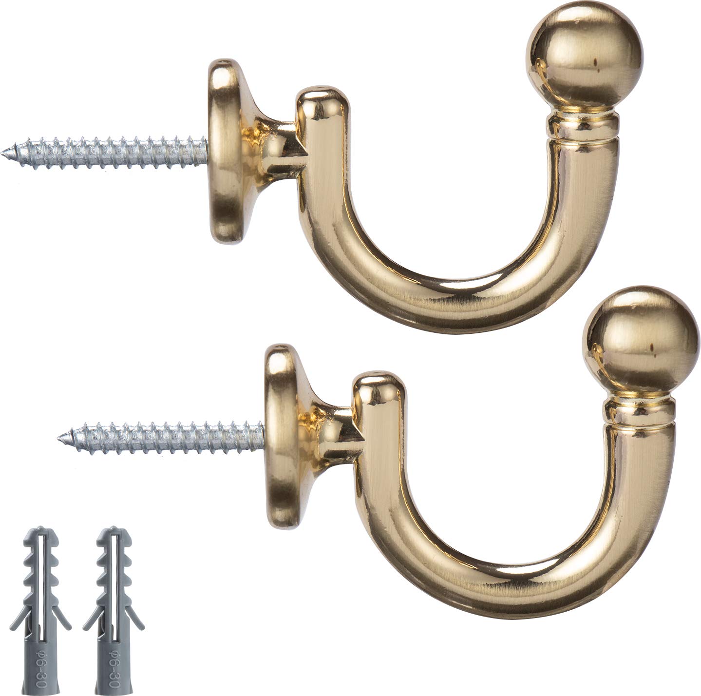 Round Head Curtain Hooks - Set of 2 Gold Wall Mounted Tieback Holders for Drapes, Clothes, Hats & Towels - Elegant Window Drapery & Coat Hanger Solution for Home Decor