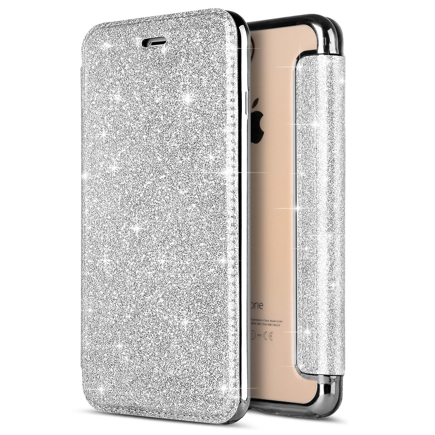 PHEZEN Sparkly Glitter PU Leather Magnetic Flip Wallet Case for iPhone SE/5/5S - Protective Cover with Card Holder (Silver) | Perfect for Everyday Use, Travel & Shopping
