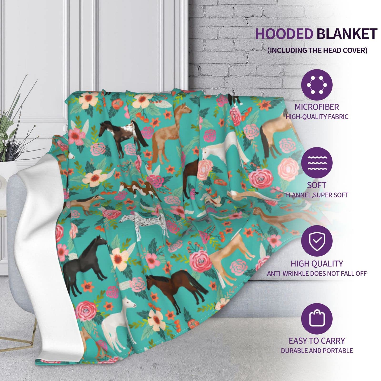 Cozy HIONHSW Hooded Blanket with Horses & Flowers Design - Anti-Pilling Flannel Wearable Blanket Hoodie for Kids, Adults & Teens - Perfect for Movie Nights, Camping & Winter Lounging