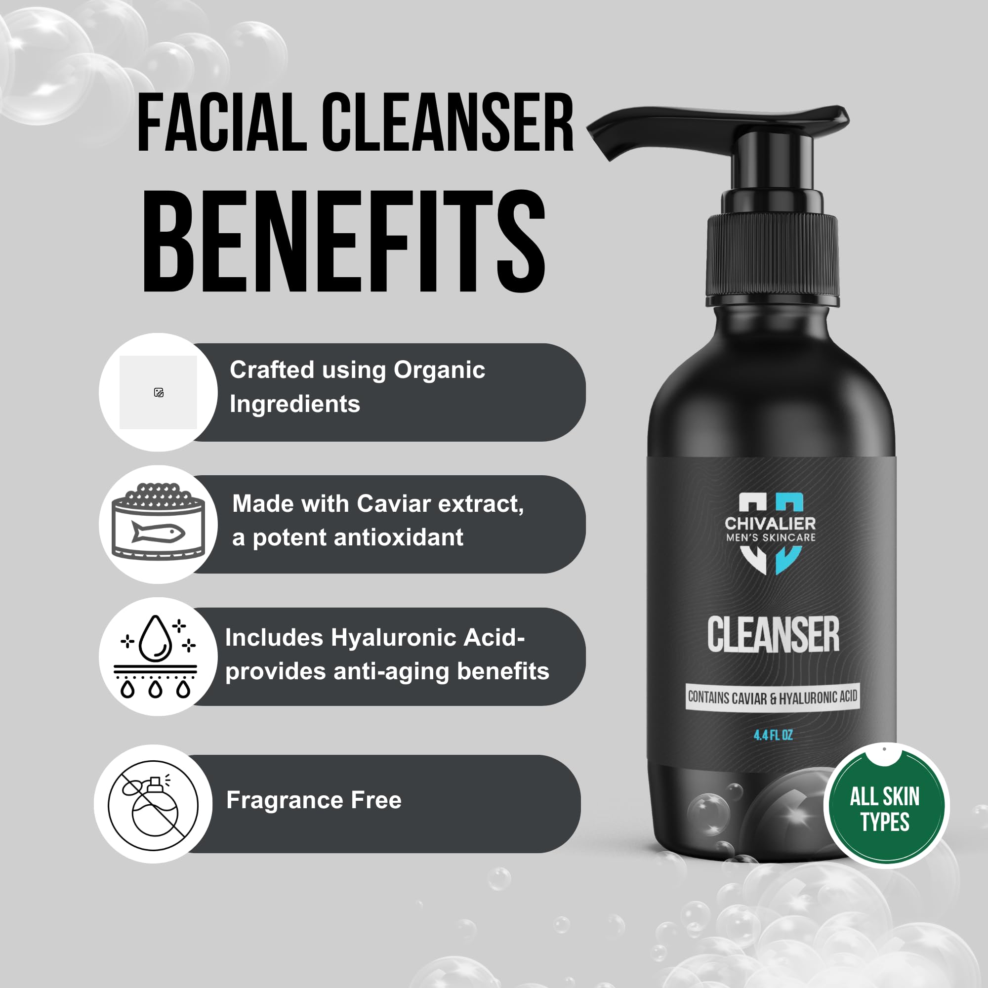 Premium Men's Facial Cleanser with Caviar Extract & Hyaluronic Acid - Deep Cleansing Beard Wash & Anti-Aging Skin Care for Men - Ideal for Daily Face Wash Routine & Pre-Shave Preparation