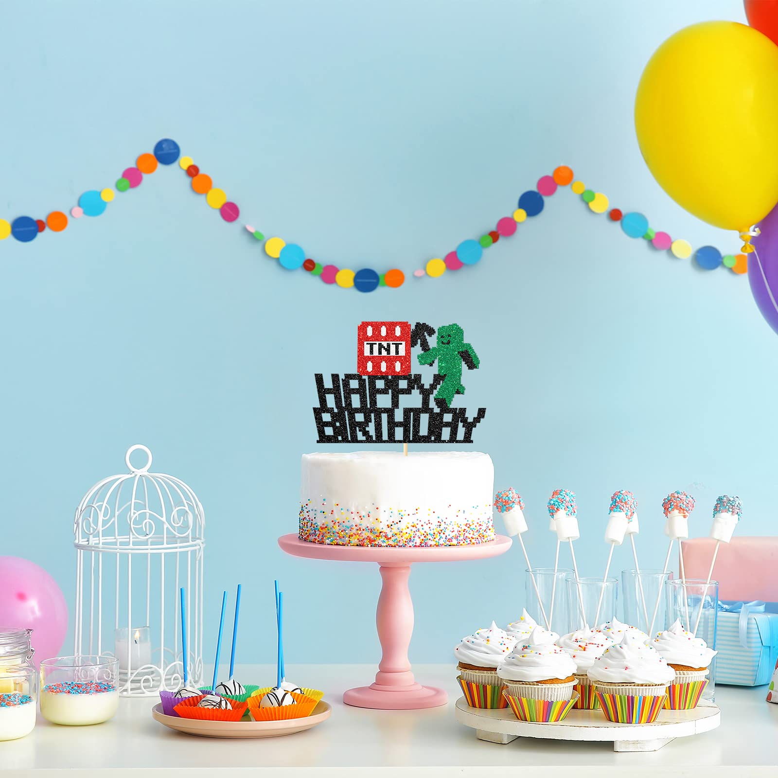 Pixel Style Happy Birthday Cake Topper - Block Video Game Themed Cake Decorations for Kids (Boys & Girls) - Perfect for Minecraft Birthday Parties & Gaming Themed Celebrations