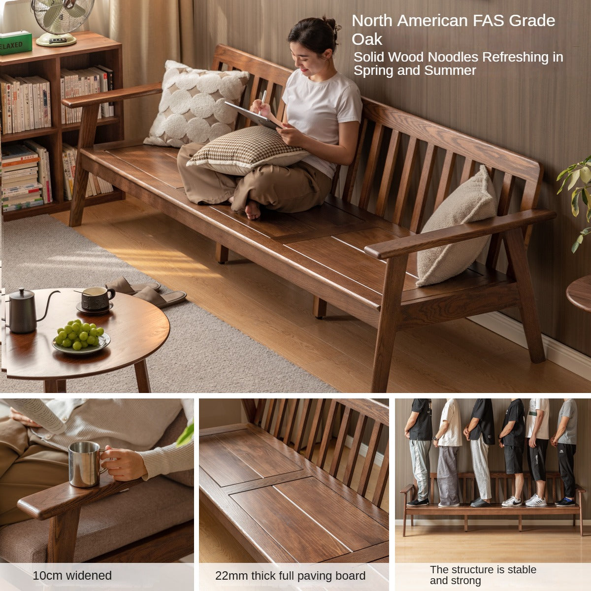Solid Oak Wood Straight Sofa - 4 Fabric Color Options for Living Room, Office & Lounge Areas