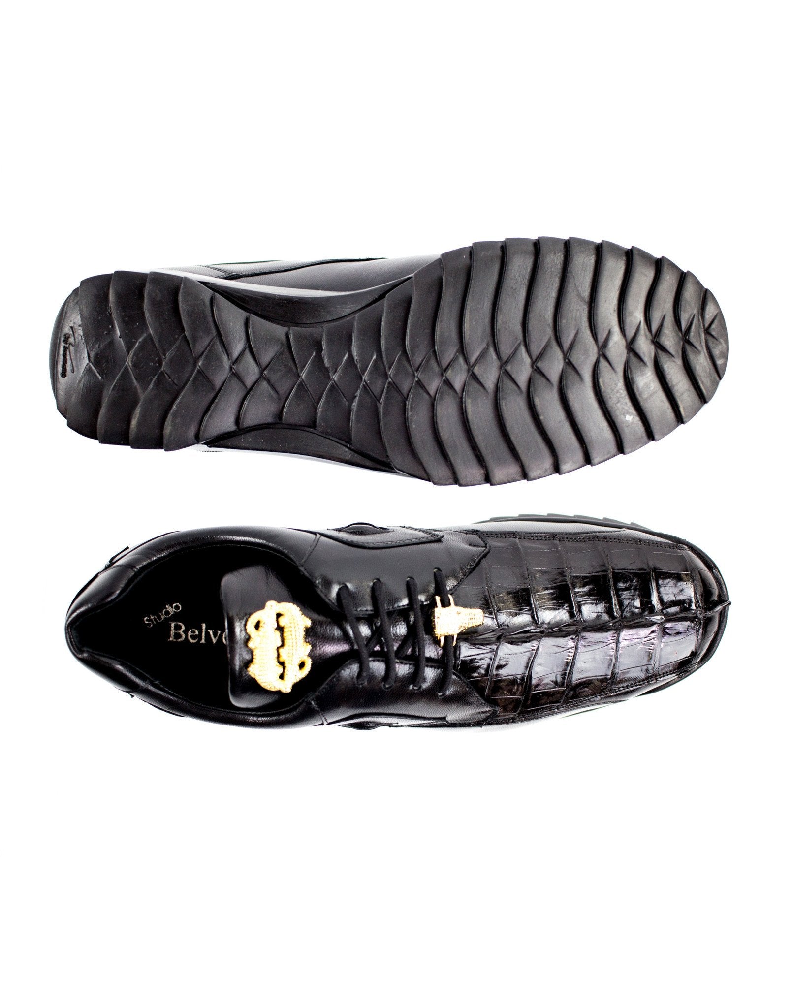 Belvedere Vasco Genuine Hornback Crocodile & Soft Calf Leather Sneakers for Men - Black (336122) | Luxury Casual Shoes for Business & Evening Events