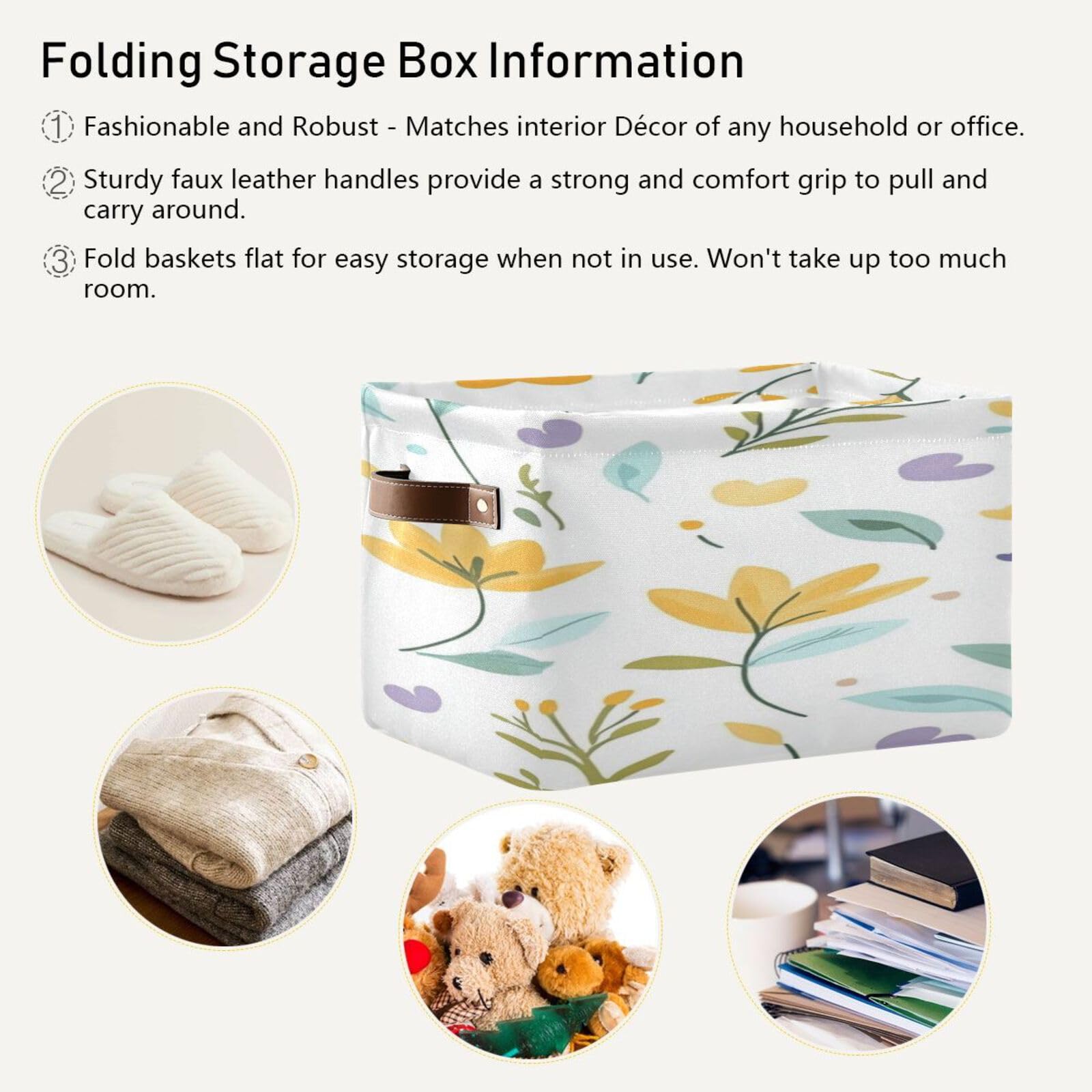Large Foldable Storage Baskets with Handles - 2 Pack Gold Leaf Organizing Bins for Closet, Shelves & Home Organization | Perfect for Bedroom, Bathroom & Kids Room Storage Solutions
