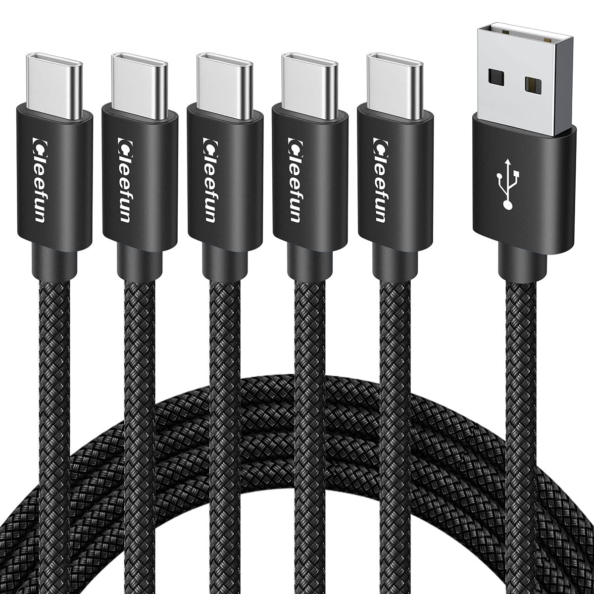 CLEEFUN 6ft USB C to USB A Fast Charging Cable 5-Pack - Durable Braided Charger Cord for iPhone 16/15 Pro Max, Samsung Galaxy S24/S23/S22/S21/S20 FE Ultra, Google Pixel - Perfect for Home, Office & Travel Charging