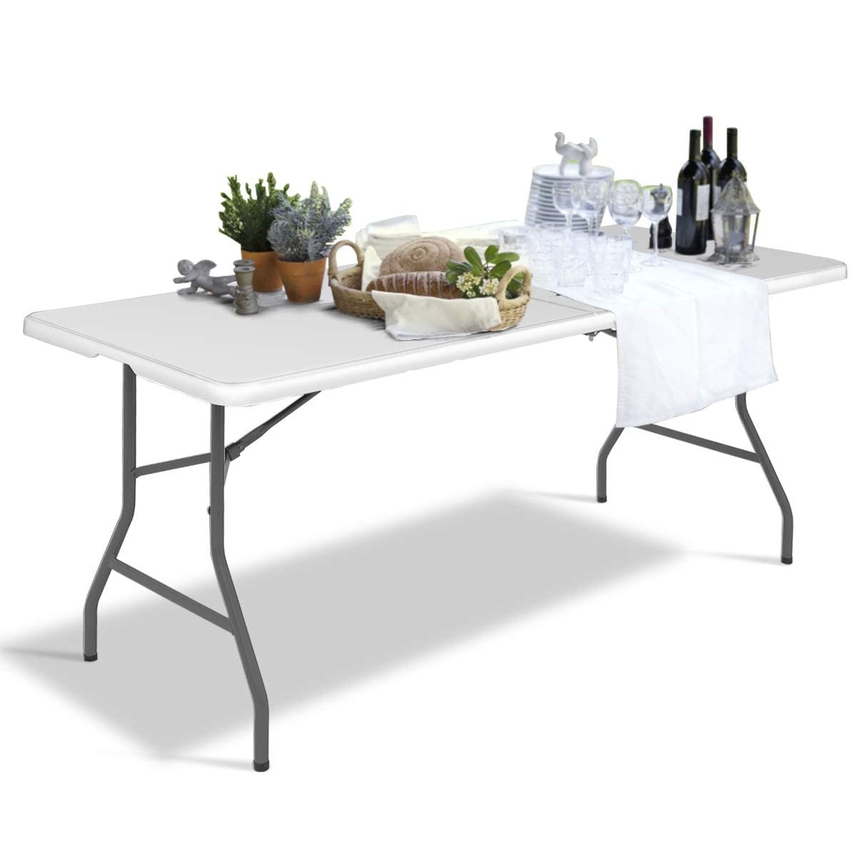 HAPPYGRILL 6FT Foldable Picnic Table - Portable Plastic Outdoor Dining Table for Camping, BBQ, Parties & Beach - Lightweight & Easy to Carry for Picnics, Tailgating & Backyard Gatherings