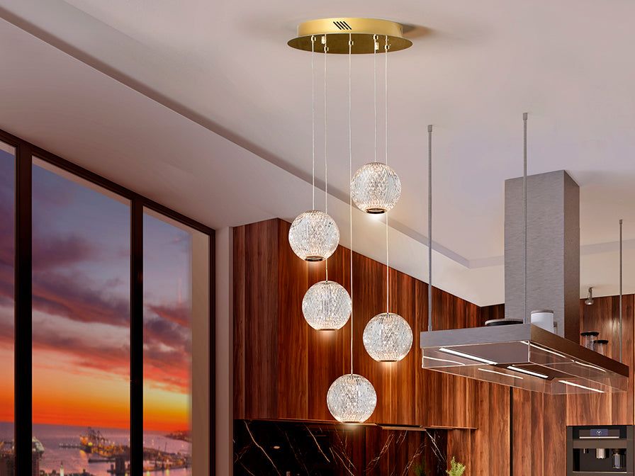 Austral 5-Light Cluster Ceiling Fixture - Gold & Clear Glass Chandelier with IP20 Rating | Perfect for Dining Room, Bedroom, and Entryway Lighting