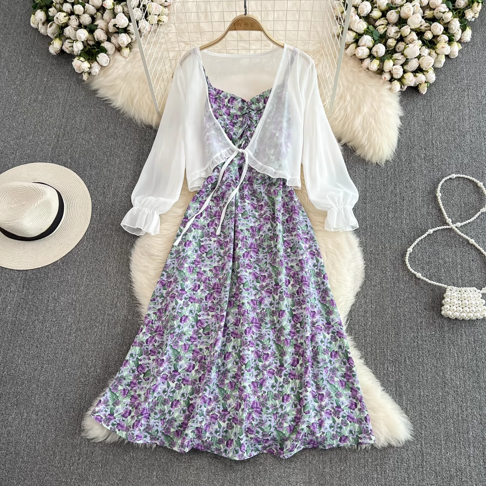 Fairy Chiffon Cardigan & Sleeveless A-Line Floral Dress 2-Piece Set for Women - Summer Beach Cover Up, Boho Wedding Guest Outfit, Casual Date Night Dress