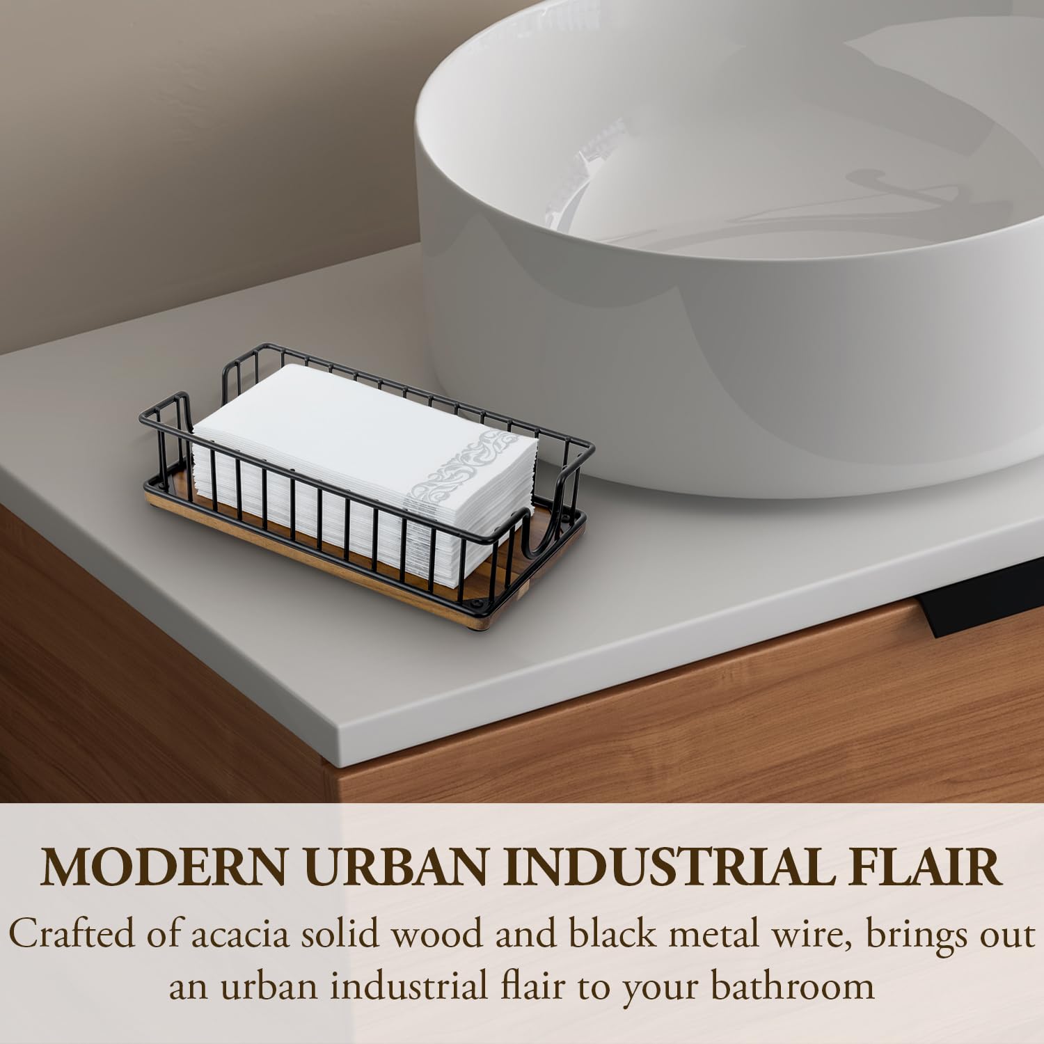 Premium Acacia Wood & Matte Black Metal Wire Foldable Paper Towel Holder - Commercial Grade Napkin Dispenser for Kitchen Countertop, Restaurant, Guest Bathroom & Office Use