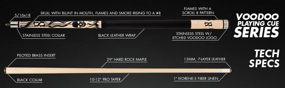 VOODOO Billiards Pool Cue Stick - Premium Bone Handle with Smoking Skull Design - Professional Billiard Accessory for Pool Halls & Home Game Rooms