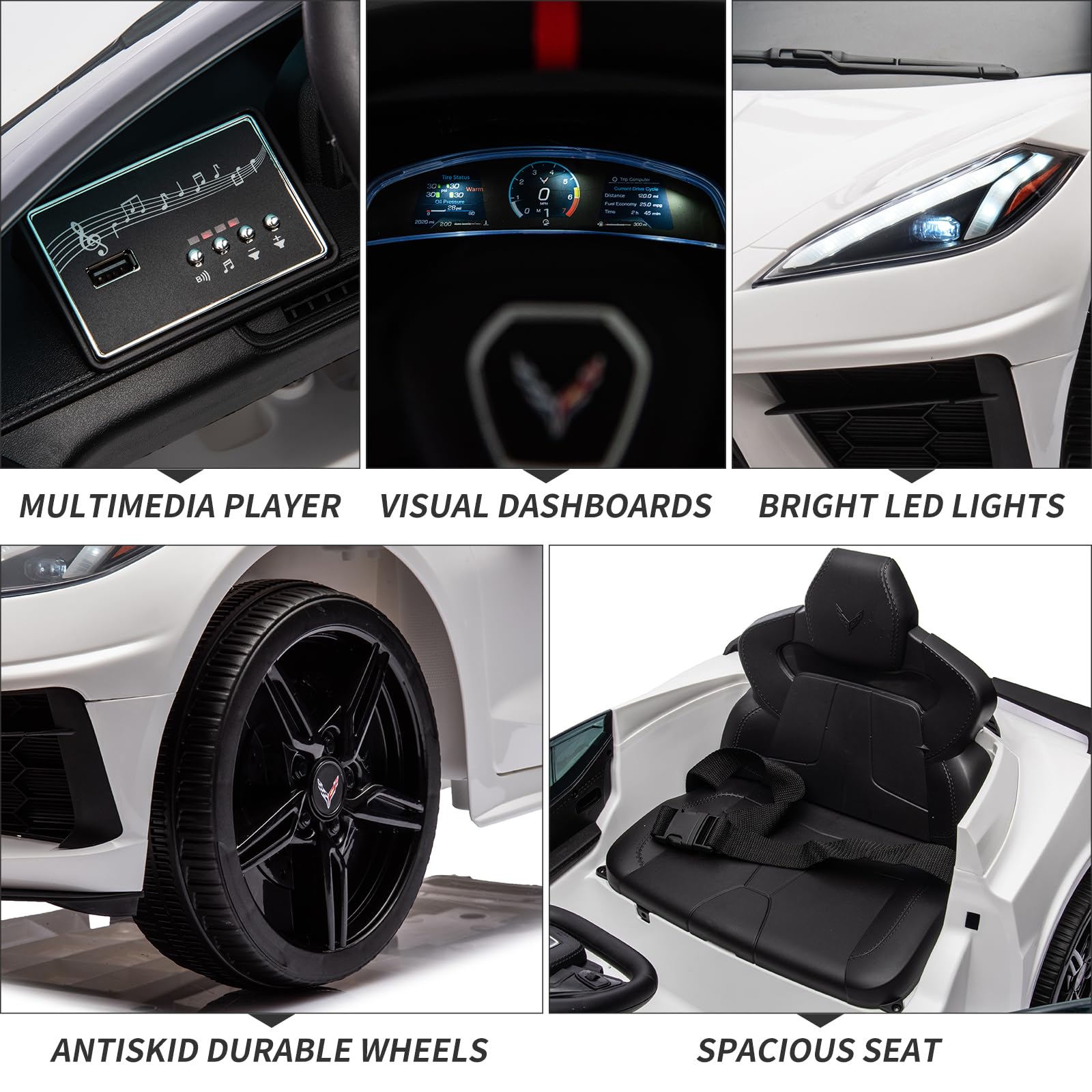 12V Kids Electric Ride-On Car - Licensed Corvette Style Battery-Powered Toy with Remote Control, LED Lights & Music - Toddler Sports Car for Boys & Girls (White) - Perfect Birthday Gift & Outdoor Play Vehicle for Ages 3-6