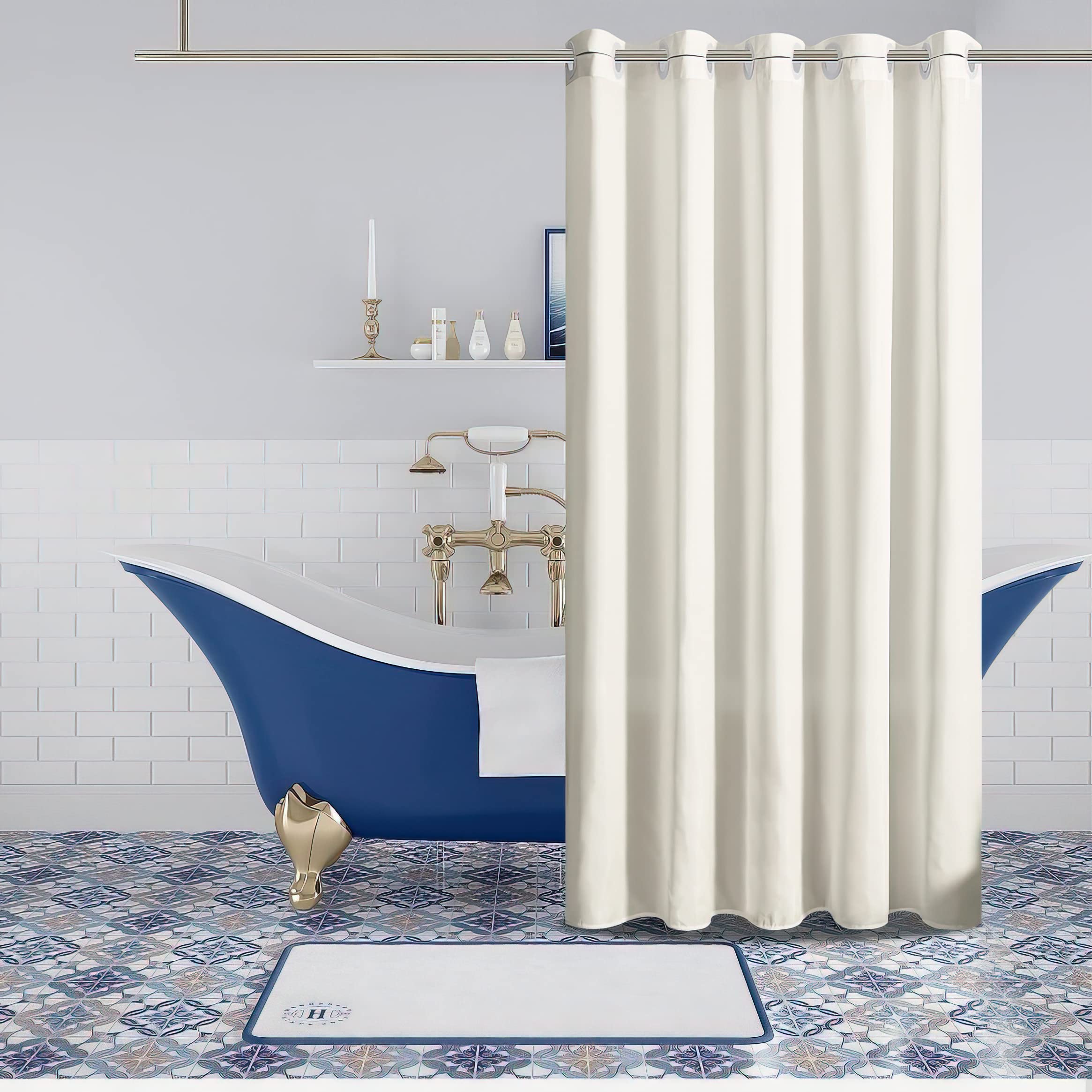 Stall Size Shower Curtain No Hook - Polyester Fabric Narrow Bathroom Curtain Liner with 6 Plastic Grommets, Machine Washable & Waterproof Hotel Style Shower Curtain for Small Bathrooms - Beige, 48x84 Inches - Perfect for Apartments, Dorms & Tiny Bathrooms