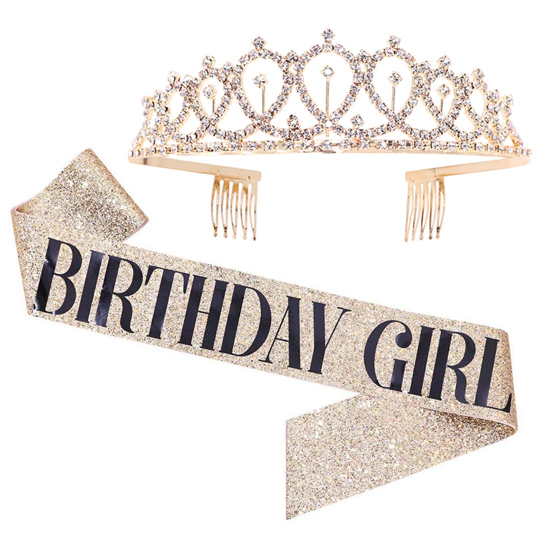 Birthday Girl Sash & Rhinestone Tiara Set - Gold Glitter Crown for Women's Birthday Party | Perfect for Bachelorette, Bridal Shower & Birthday Celebrations