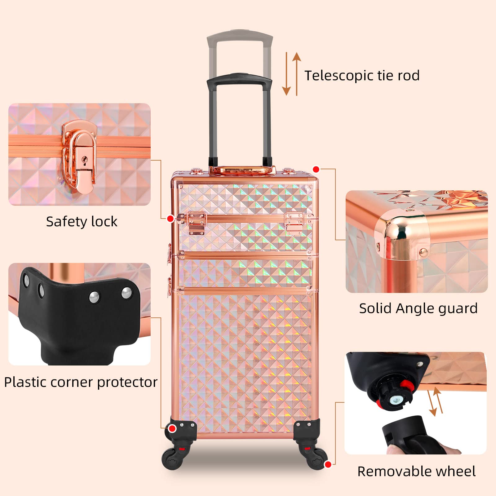 Professional 3-in-1 Rolling Makeup Train Case with Large Storage - Rose Gold & Pink Cosmetic Organizer Trolley for Salon, Barber, Travel & On-the-Go Beauty Professionals