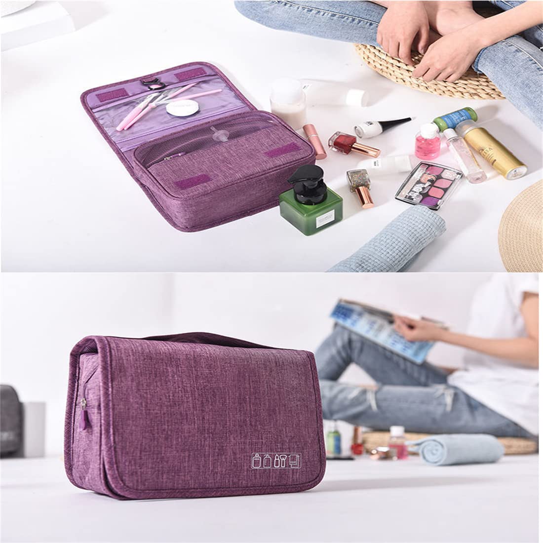 Waterproof Travel Makeup Bag with Hook & Handle - Cosmetic Organizer for Toiletries, Cosmetics, Brushes, Jewelry & Digital Accessories - Purple Toiletry Storage Bag for Vacation, Gym & Daily Use