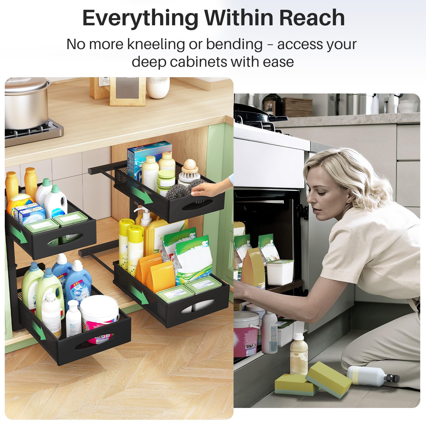 2-Tier Under Sink Organizer Set of 2 - Pull Out Mesh Cabinet Baskets with Sliding Drawers for Kitchen, Bathroom & Pantry Storage | Space Saving Sink Shelf Organizer for Home & Office Use (Black)