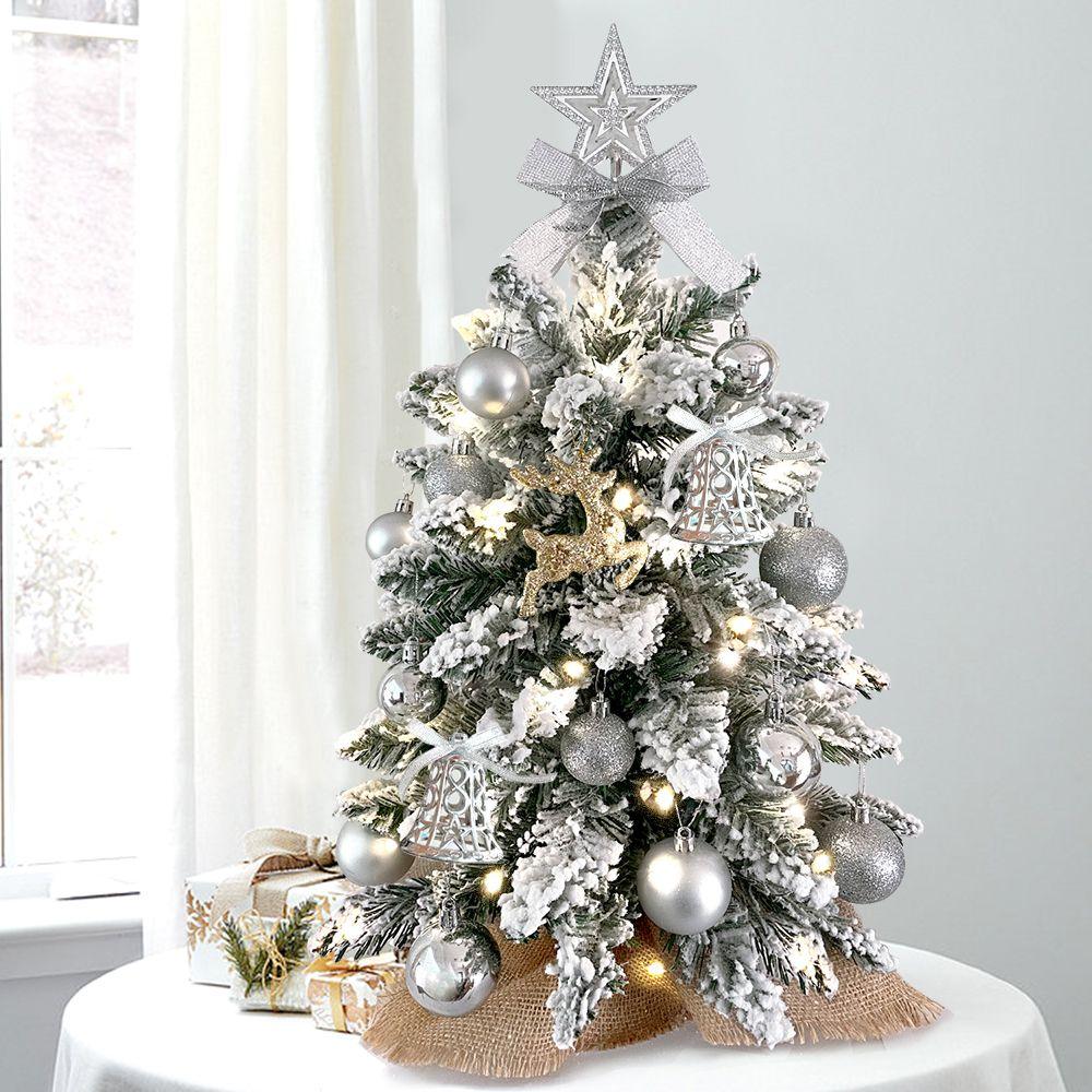 22in Flocked Snow Tabletop Christmas Tree with LED Lights - Mini Artificial Red Xmas Tree Decor for Home, Office, Party & Holiday Decoration | Perfect for Tabletops, Desks, Mantels & Holiday Displays