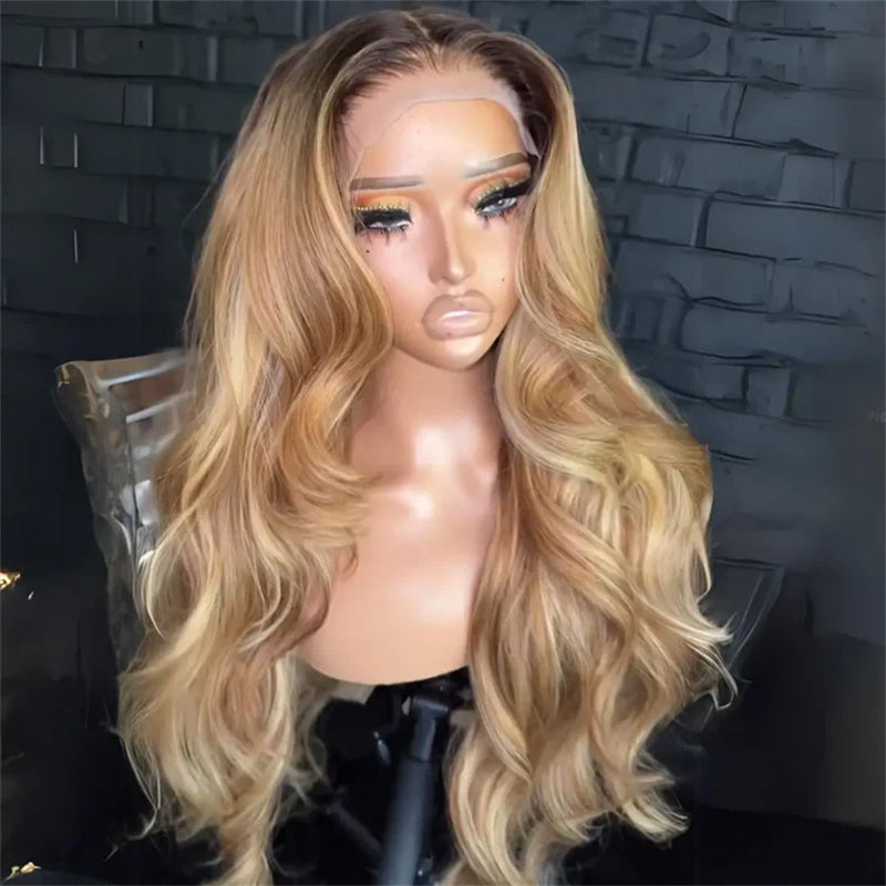 Eullair Honey Blonde Highlight Body Wave Human Hair Wig with Dark Roots - Glueless Lace Frontal Wig for Women | Perfect for Daily Wear, Cosplay, and Special Occasions