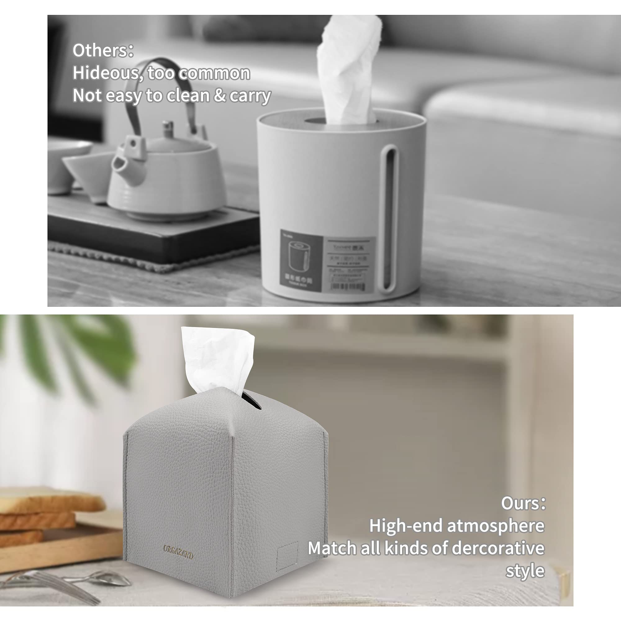 Modern Cube Tissue Box Cover - 2 Layer PU Leather, Upgraded Thickened Design - Decorative Square Tissue Holder for Bathroom, Vanity, Nightstand & Desk - 5