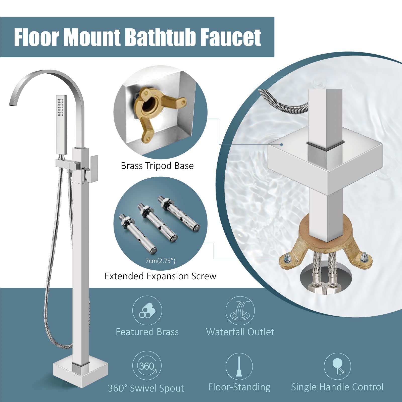 Aolemi Polished Chrome Freestanding Bathtub Faucet - Floor Mount Tub Filler with Handheld Shower Sprayer, Single Handle Waterfall Brass Tap for Modern Bathroom (Ideal for Spa, Luxury Bath & Home Renovation)