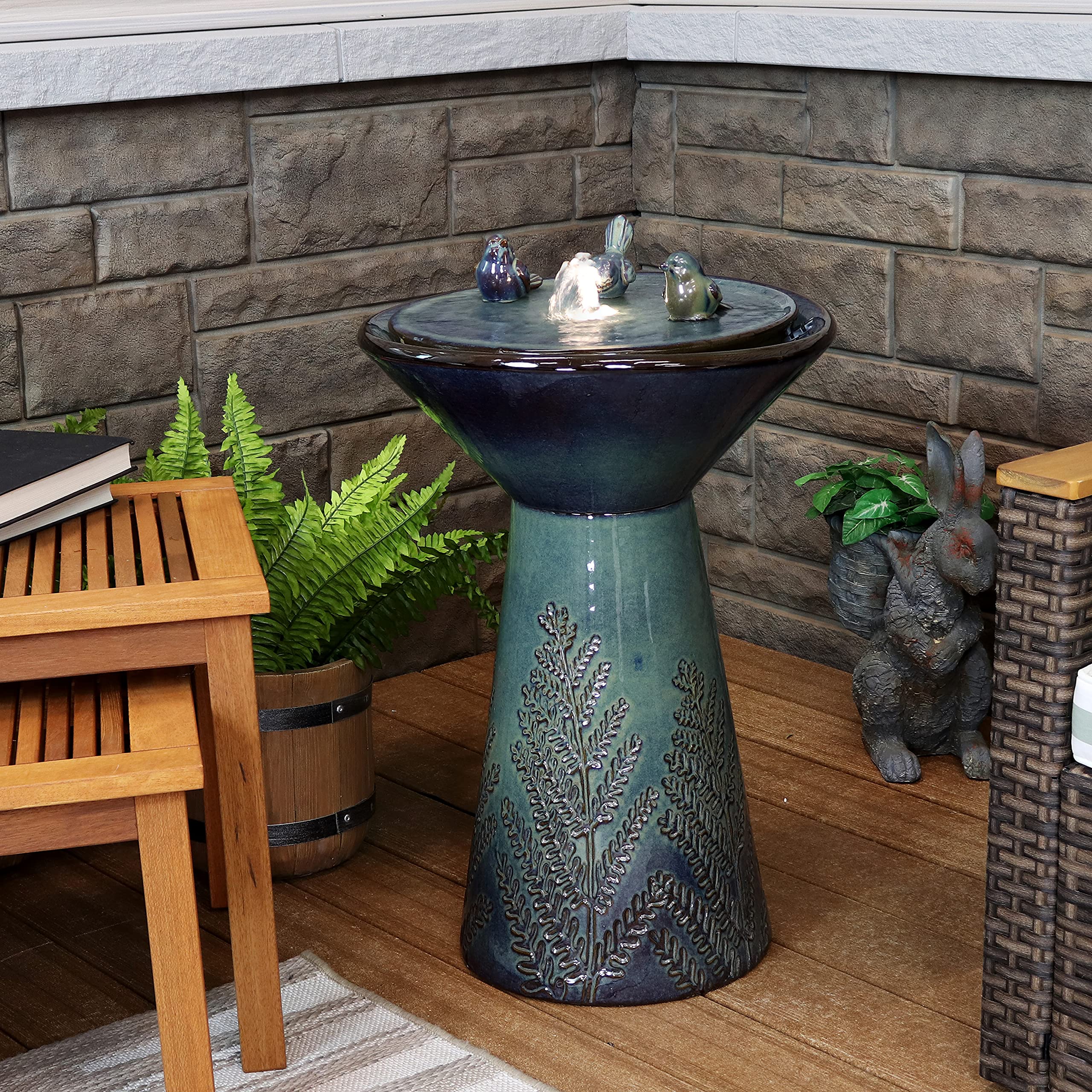 28-Inch Sunnydaze Gathering Birds Outdoor Garden Fountain with LED Lights - Water Feature for Patio, Deck, Yard, and Landscaping - Green Decorative Fountain for Relaxing Outdoor Spaces