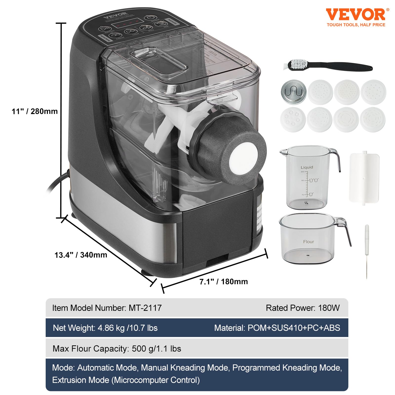 VEVOR 150W Automatic Electric Pasta Maker Machine - 8 Pasta Shapes, 4 Intelligent Modes, 500g Flour Capacity with Measuring Cups & Cleaning Brush for Home Kitchen | Perfect for Fresh Homemade Pasta, Italian Dishes & Family Cooking