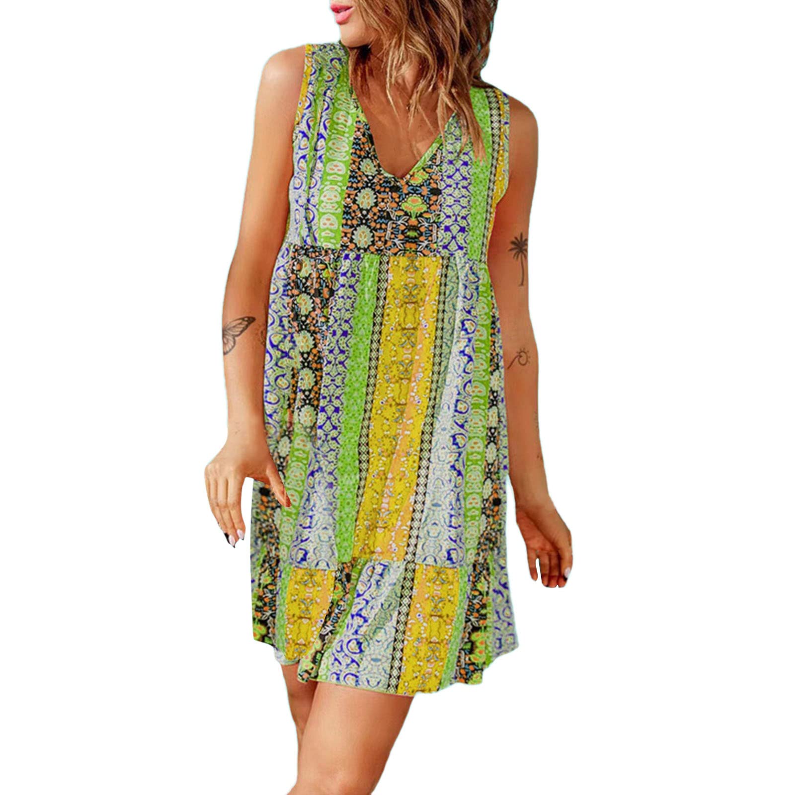 Red Sun Dresses for Women - Summer Boho Floral Ruffle V-Neck Sleeveless Short Dress | Beach Vacation, Outdoor Party & Casual Wear