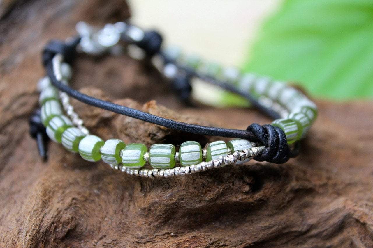 Hand Painted Green Glass & Thai Silver Beaded Bracelet - Unique Boho Jewelry for Women - Perfect for Festivals, Weddings & Everyday Wear