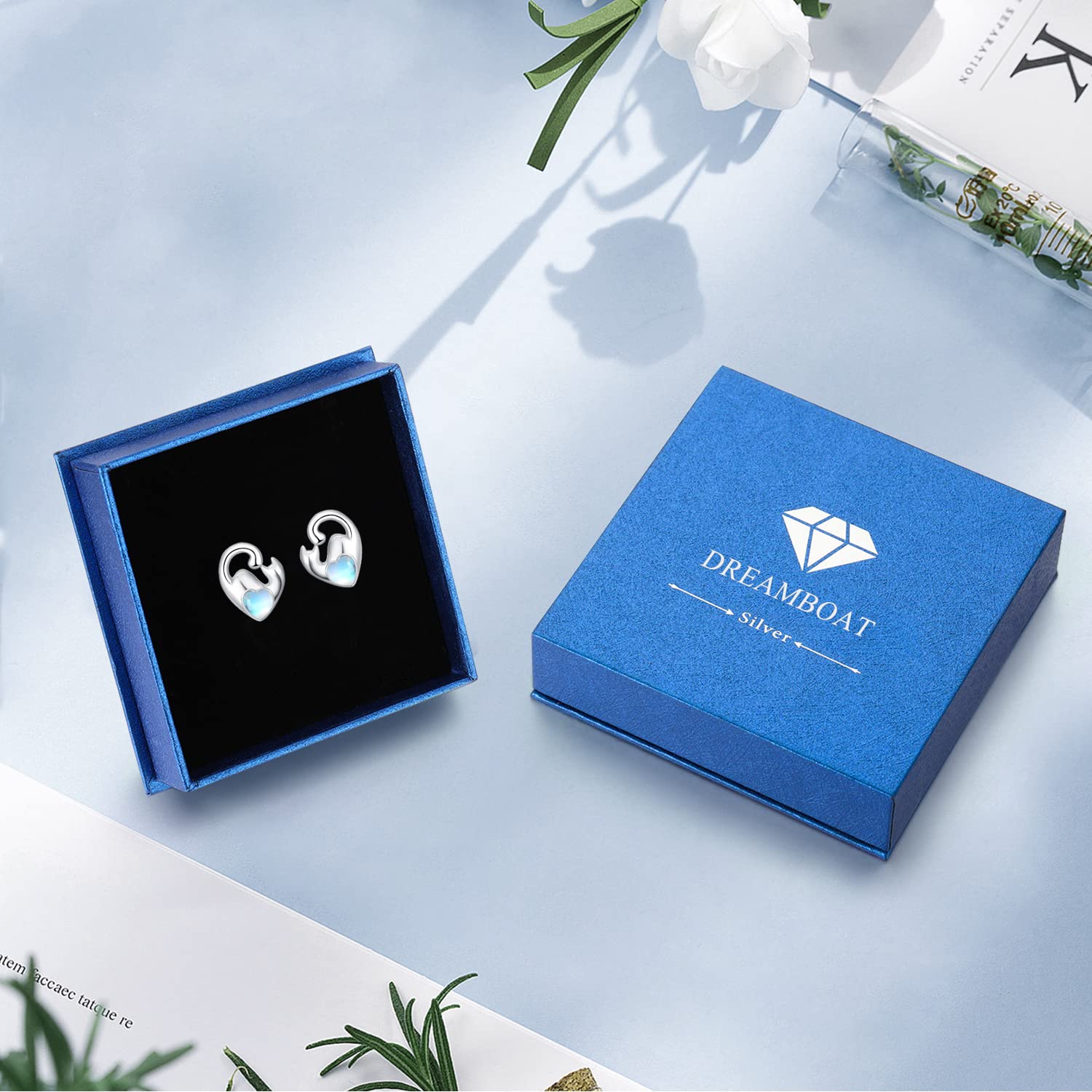 DreamBoat Sterling Silver Cat Stud Earrings for Women - Cute Kitten & Moonstone Heart Jewelry - Perfect Gift for Cat Lovers & Animal Jewelry Enthusiasts - Ideal for Casual Wear, Date Nights & Special Occasions