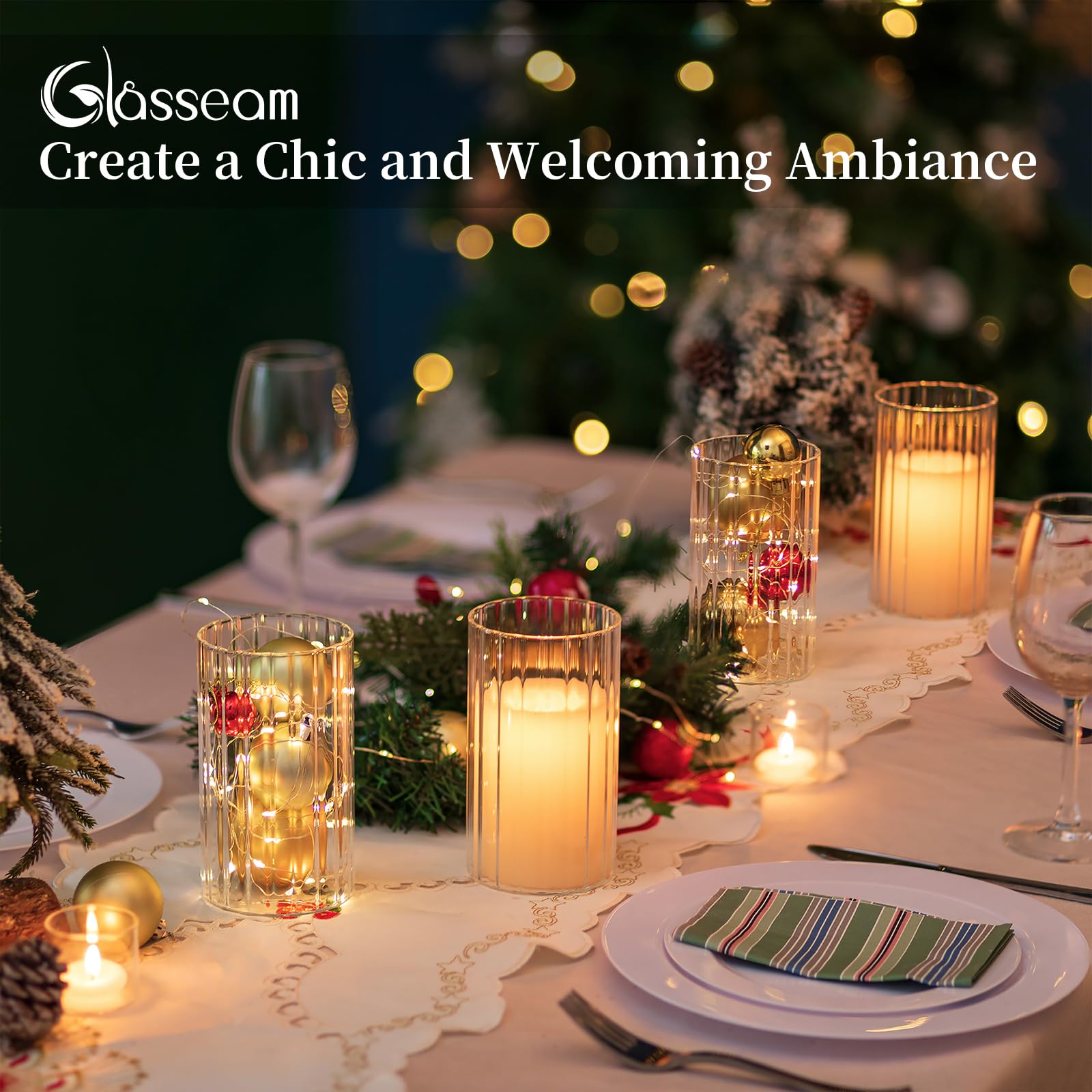 Glasseam Hurricane Glass Candle Holders - Set of 6 Clear Cylinder Candle Holders for Pillar Candles, Modern Ribbed Design, Decorative Vases for Wedding Centerpieces & Table Decor (5.91