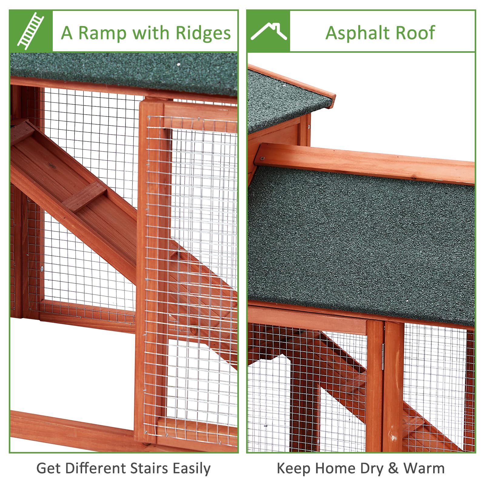 54'' Rabbit Hutch Indoor Outdoor - 2-Story Wooden Rabbit Cage & Chicken Coop for Guinea Pigs - Pet House with Run, Pull-Out Tray & Asphalt Roof - Perfect for Backyard, Garden or Patio Small Animal Shelter