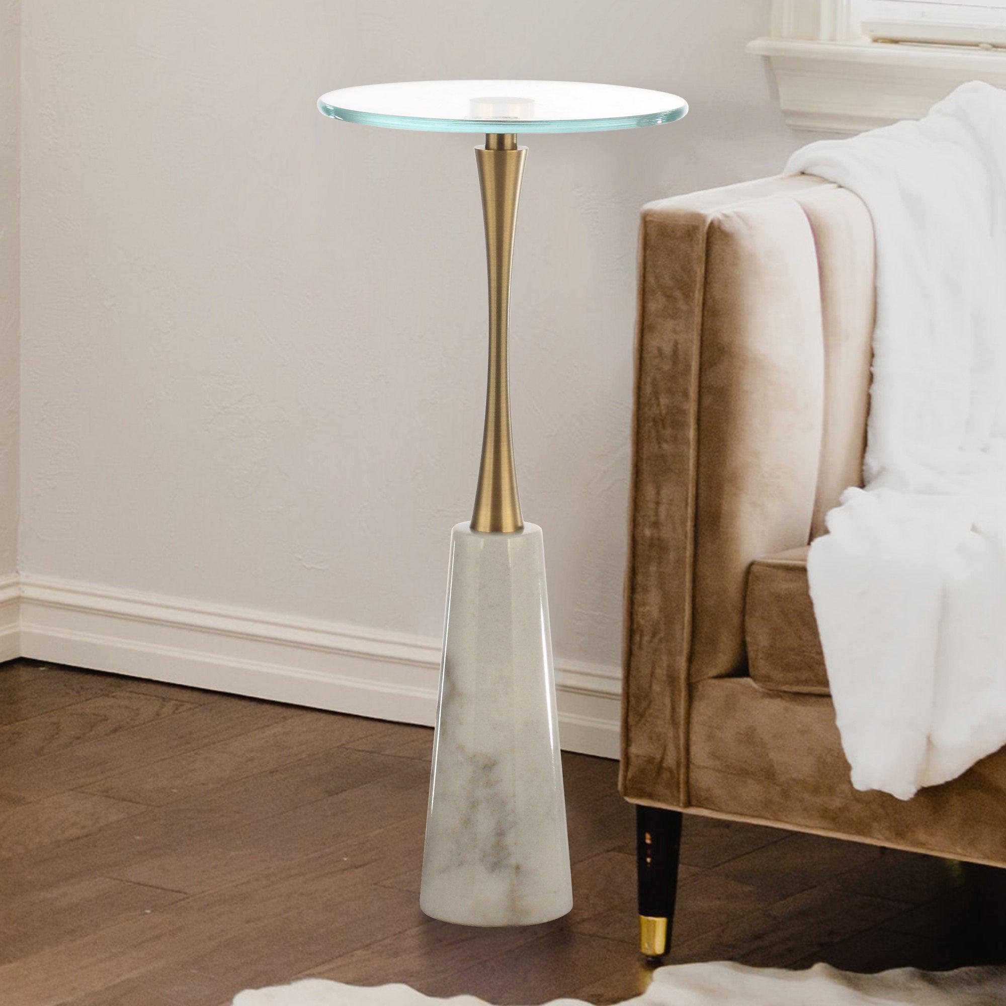 Luxury Golden Marble & Metal Pedestal Table - Elegant Side Table for Living Room, Bedroom, or Office Decor | Modern Home Accent Furniture for Dining Area & Entryway