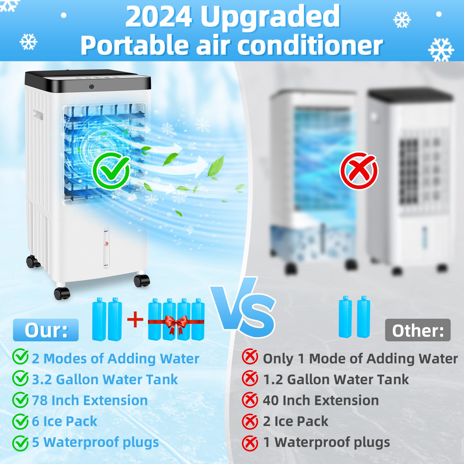 2024 Upgraded Portable Air Conditioner Windowless - 3 in 1 Evaporative Cooler with 3.2 Gallon Water Tank, Timer, 3 Speed Settings & 90° Oscillation - Perfect for Bedroom, Kitchen, Garage & Office Cooling | Energy Efficient Personal AC Unit for Summer
